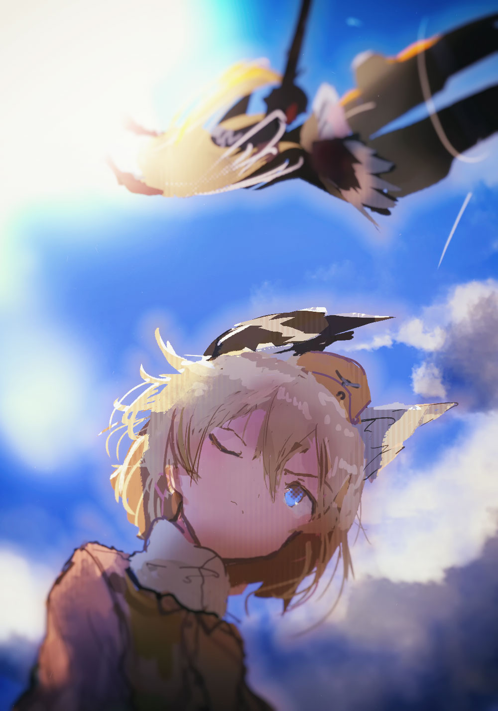 2girls blonde_hair blue_eyes blurry cloud condensation_trail flying from_below frown garrison_cap hanna-justina_marseille hat head_wings highres kabuyama_kaigi lens_flare long_hair military military_uniform multiple_girls one_eye_closed raisa_pottgen scarf short_hair sketch sky strike_witches striker_unit sun tail_feathers uniform world_witches_series