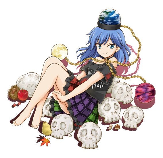 1girl apple bangs bare_shoulders barefoot black_choker black_shirt blue_eyes blue_hair chains choker clothes_writing commentary_request drop_shadow earth_(ornament) eyebrows_visible_through_hair food fruit full_body green_skirt hecatia_lapislazuli hecatia_lapislazuli_(earth) hirasaka_makoto knees_up leaf long_hair looking_at_viewer miniskirt moon_(ornament) multicolored multicolored_clothes multicolored_skirt off-shoulder_shirt off_shoulder pear plaid plaid_skirt polos_crown purple_skirt red_skirt shirt short_sleeves simple_background sitting skirt skull smile solo t-shirt touhou white_background