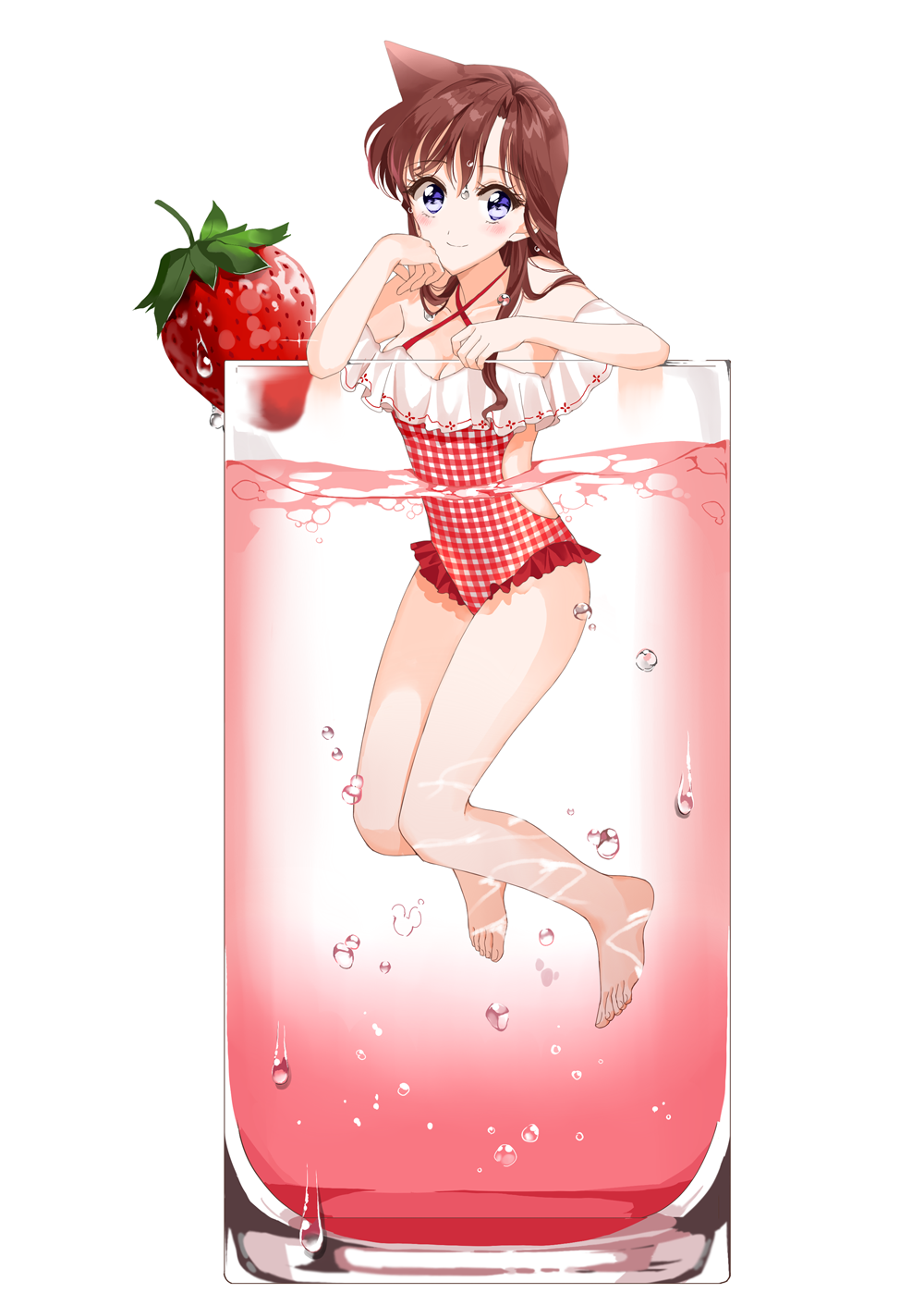 1girl arch_lapin barefoot blue_eyes blush breasts brown_hair checkered checkered_swimsuit chin_rest cleavage closed_mouth commentary condensation cup drinking_glass elbow_rest english_commentary eyebrows_visible_through_hair food frilled_swimsuit frills fruit full_body highres long_hair looking_at_viewer medium_breasts meitantei_conan minigirl mouri_ran one-piece_swimsuit red_swimsuit simple_background smile solo strawberry submerged swimsuit water wet white_background