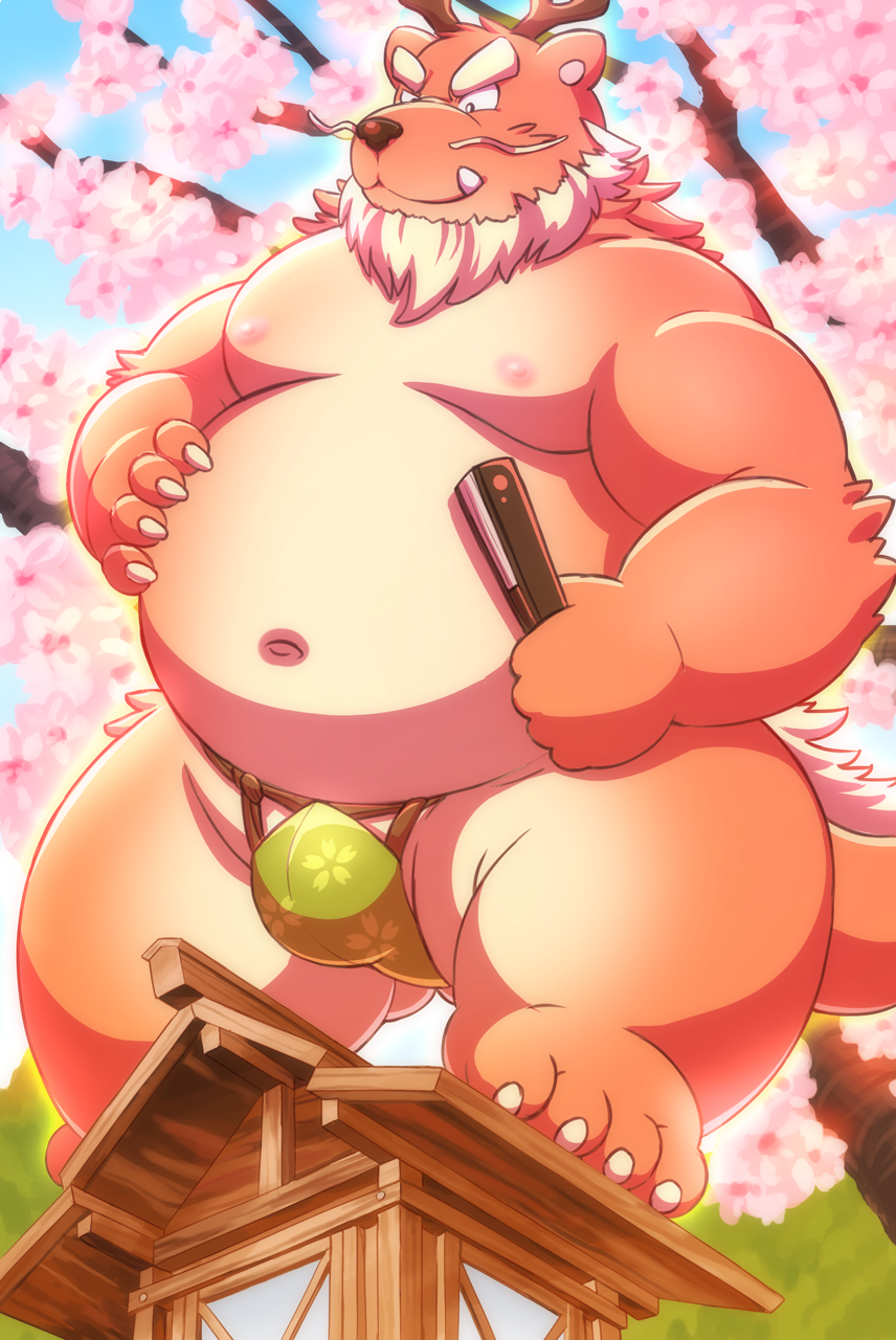 2019 anthro belly bulge clothing digital_media_(artwork) dragon fundoshi fur furred_dragon hi_res humanoid_hands japanese_clothing lako male moobs navel nipples outside overweight overweight_male red_fur solo underwear