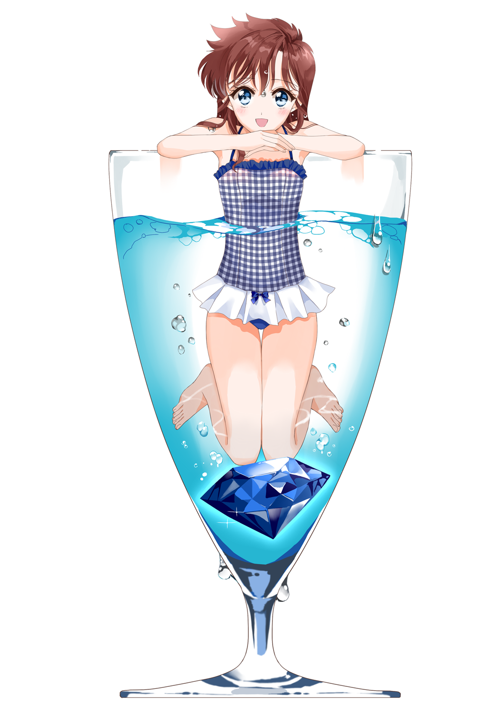 1girl arch_lapin barefoot bikini_skirt blue_eyes brown_hair checkered checkered_swimsuit commentary condensation cup diamond_(gemstone) drinking_glass elbow_rest english_commentary eyebrows_visible_through_hair full_body highres legs_up long_hair looking_at_viewer magic_kaito minigirl nakamori_aoko one-piece_swimsuit open_mouth simple_background smile solo submerged swimsuit thigh_gap water wet white_background wine_glass