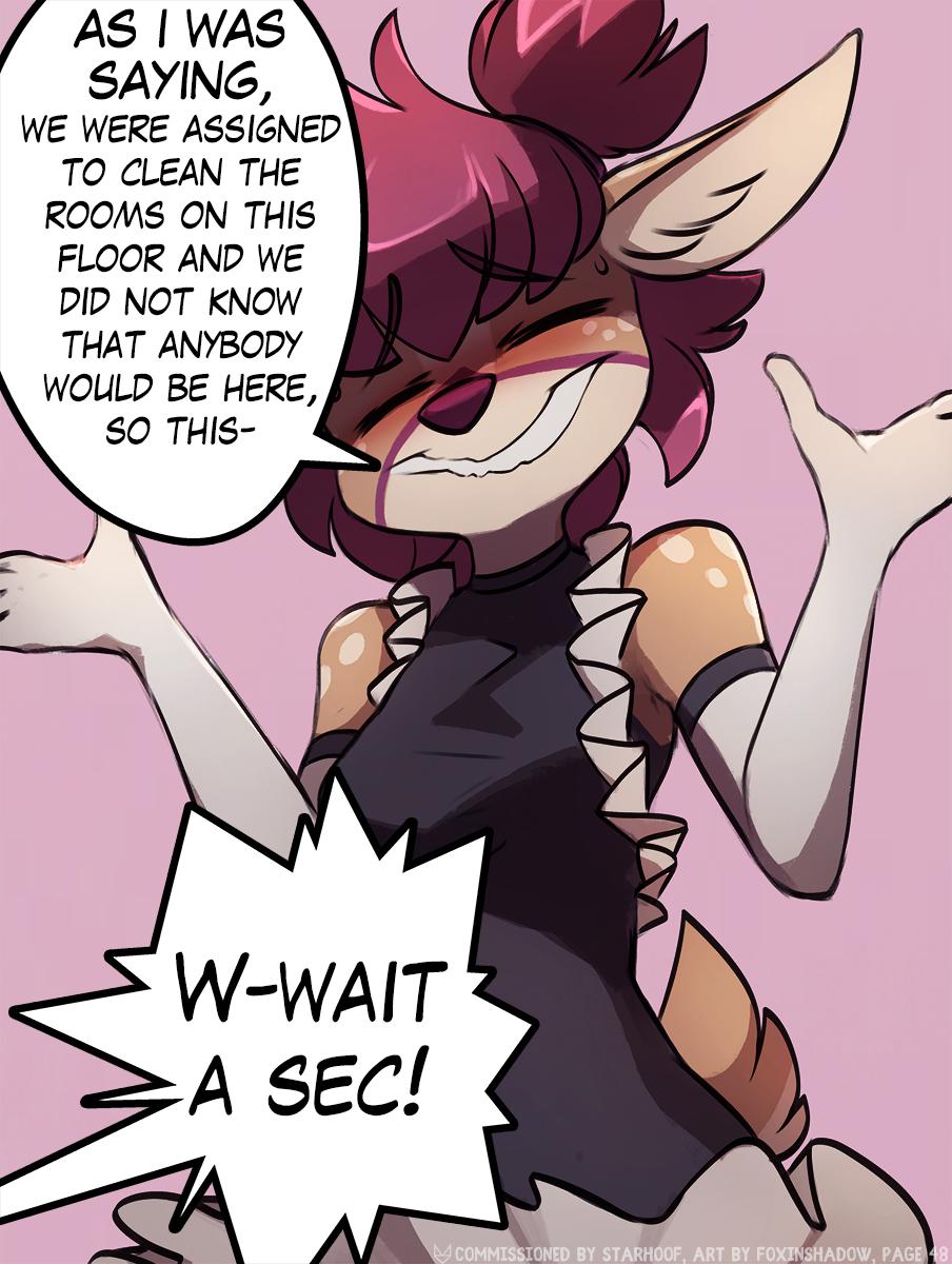 &lt;3 2019 alexis_(character) blush capreoline cervid cervine clothed clothing comic dialogue english_text female fortunate_mixup hair hi_res maid_uniform mammal red_hair simple_background solo speech_bubble text uniform white-tailed_deer zero-sum