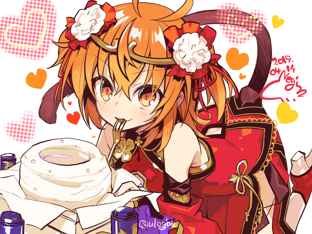 1girl ahoge alternate_costume alternate_hairstyle artist_name bangs bare_shoulders blush cake cat_tail chinese_clothes commentary_request dated detached_sleeves eating eyebrows_visible_through_hair fate/grand_order fate_(series) flower food fork fujimaru_ritsuka_(female) hair_between_eyes hair_flower hair_ornament heart looking_at_viewer negi_(ulog'be) orange_eyes orange_hair red_heart shoes smile solo tail twitter_username