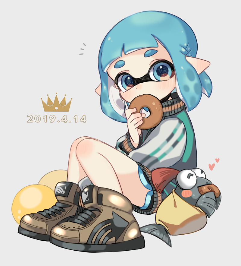 1girl 2019 ^_^ black_shorts blue_eyes blue_hair blush brown_footwear closed_eyes dated domino_mask doughnut eating eyes_closed food full_body heart holding holding_food inkling long_sleeves looking_at_viewer maco_spl mask pointy_ears salmonid shoes short_hair shorts smallfry_(splatoon) splatoon splatoon_(series) splatoon_2 tentacle_hair