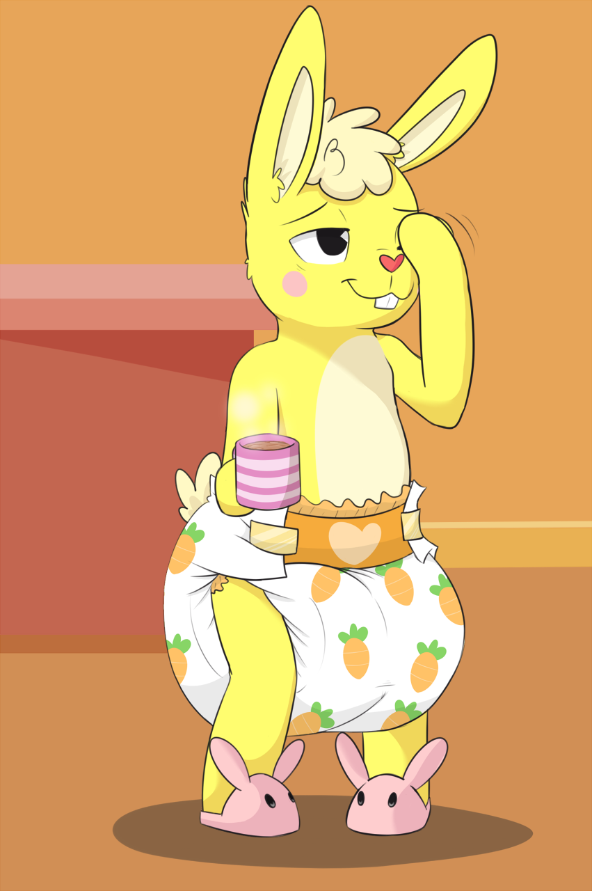 anthro beverage bunnykisses coffee cuddles_(htf) cup diaper happy_tree_friends hi_res lagomorph leporid male mammal patterned_diaper rabbit rubbing_eye slippers solo