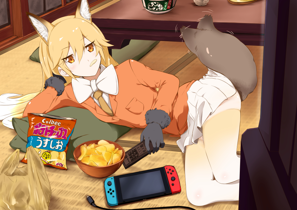 1girl afterimage alternate_legwear animal_ear_fluff animal_ears bag bow bowl bowtie breast_pocket chips coat commentary_request controller eating extra_ears eyebrows_visible_through_hair ezo_red_fox_(kemono_friends) food food_in_mouth fox_ears fox_tail fur_trim game_console gloves gradient_hair gradient_legwear kawayoshi kemono_friends long_hair long_sleeves lying multicolored multicolored_clothes multicolored_hair multicolored_legwear necktie nintendo_switch on_side orange_coat orange_eyes orange_hair orange_legwear orange_neckwear pillow plastic_bag pleated_skirt pocket remote_control skirt solo tail tail_wagging thighhighs white_hair white_legwear white_neckwear zettai_ryouiki
