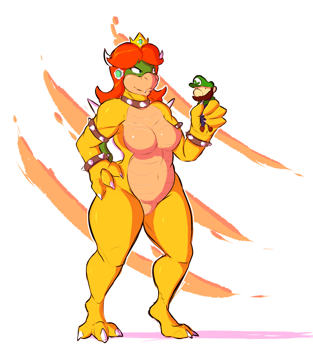 2018 alternate_species anthro big_breasts breasts claws collar crown duo facial_hair featureless_breasts featureless_crotch female hair human koopa koopacap luigi male mammal mario_bros mustache navel nintendo nude princess_daisy red_hair scalie simple_background size_difference spiked_collar spikes standing thick_thighs video_games wide_hips