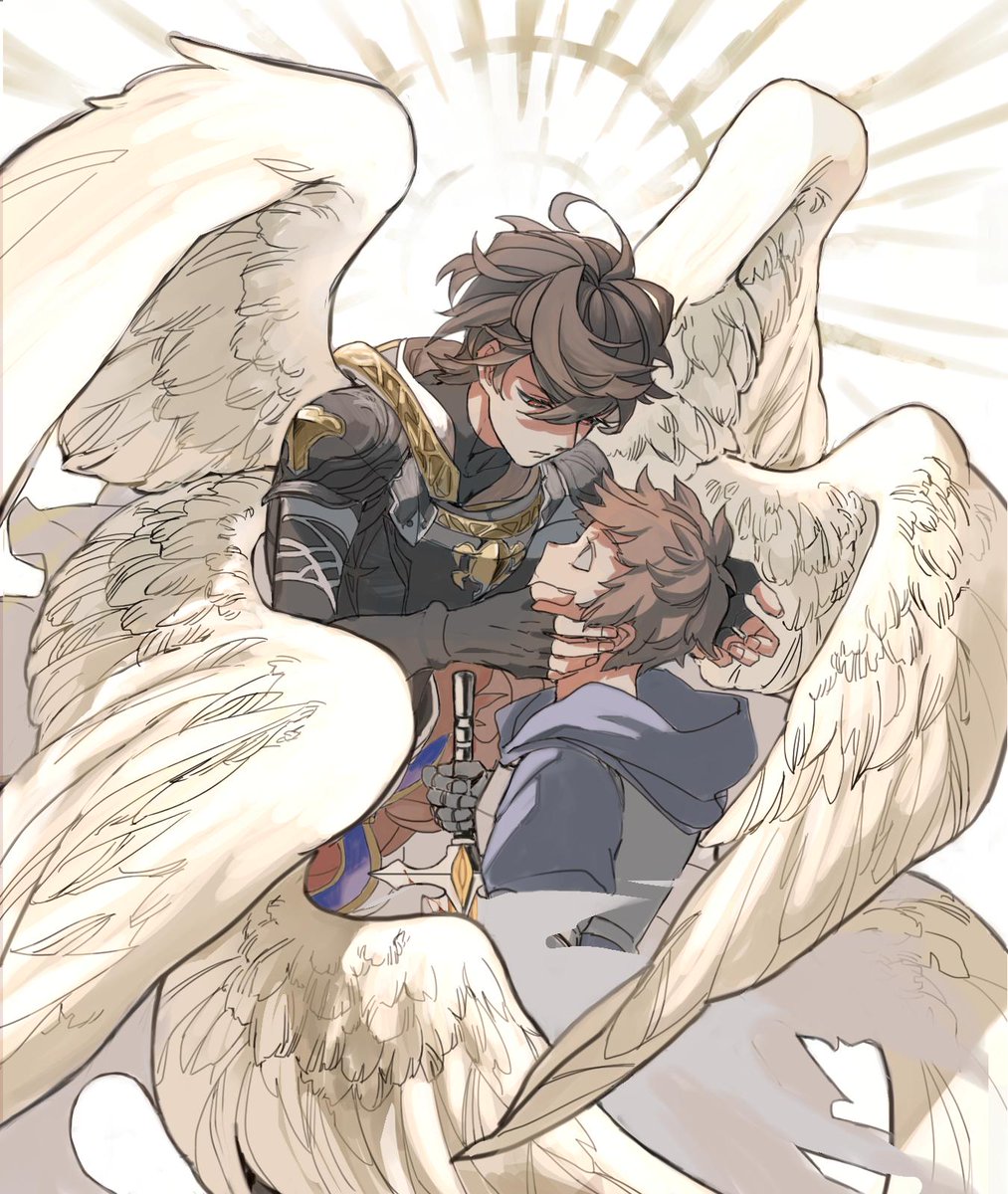 2boys armor brown_hair feathered_wings fingerless_gloves gloves gran_(granblue_fantasy) granblue_fantasy hand_on_another's_face highres hood hood_down hoodie male_focus multiple_boys multiple_wings open_mouth panyasan_777 red_eyes sandalphon_(granblue_fantasy) seraph short_hair sword weapon white_wings wings