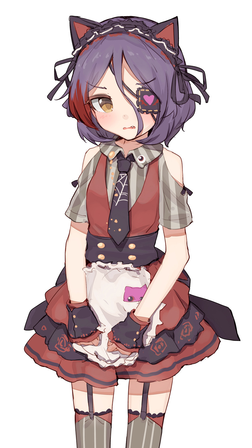 1girl animal_ears apron bare_shoulders black_hairband brown_eyes cat_ears eyebrows_visible_through_hair eyepatch fake_animal_ears fang frilled_hairband frills garter_straps hairband hayasaka_mirei heart heart_eyepatch highres idolmaster idolmaster_cinderella_girls looking_at_viewer multicolored_hair necktie print_neckwear purple_hair red_hair shone short_hair short_sleeves simple_background sketch solo spider_web_print streaked_hair striped striped_legwear thighhighs two-tone_hair vertical-striped_legwear vertical_stripes waist_apron white_background wrist_cuffs