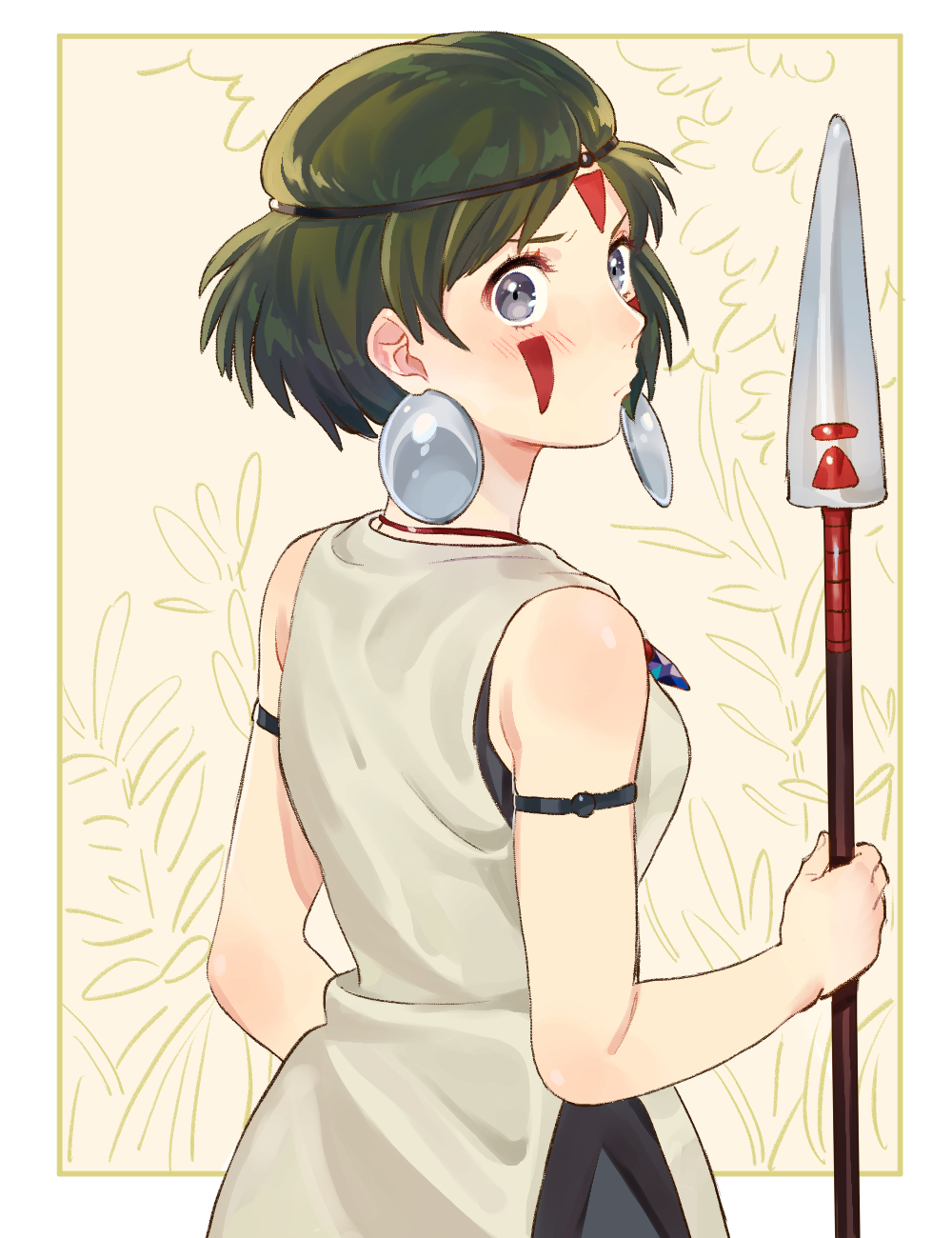 1girl bare_arms blue_eyes blush breasts brown_hair closed_mouth commentary_request earrings facepaint facial_mark headband highres honoboooono jewelry looking_at_viewer mononoke_hime necklace san short_hair solo studio_ghibli weapon