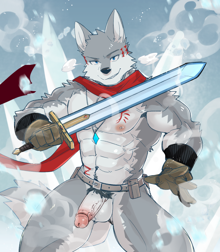 2019 5_fingers abs anthro biceps black_nose canid canine canis chang52084 clothed clothing digital_media_(artwork) fur gloves hi_res humanoid_penis male mammal melee_weapon muscular muscular_male nipples pecs penis scarf sword tattoo weapon wolf