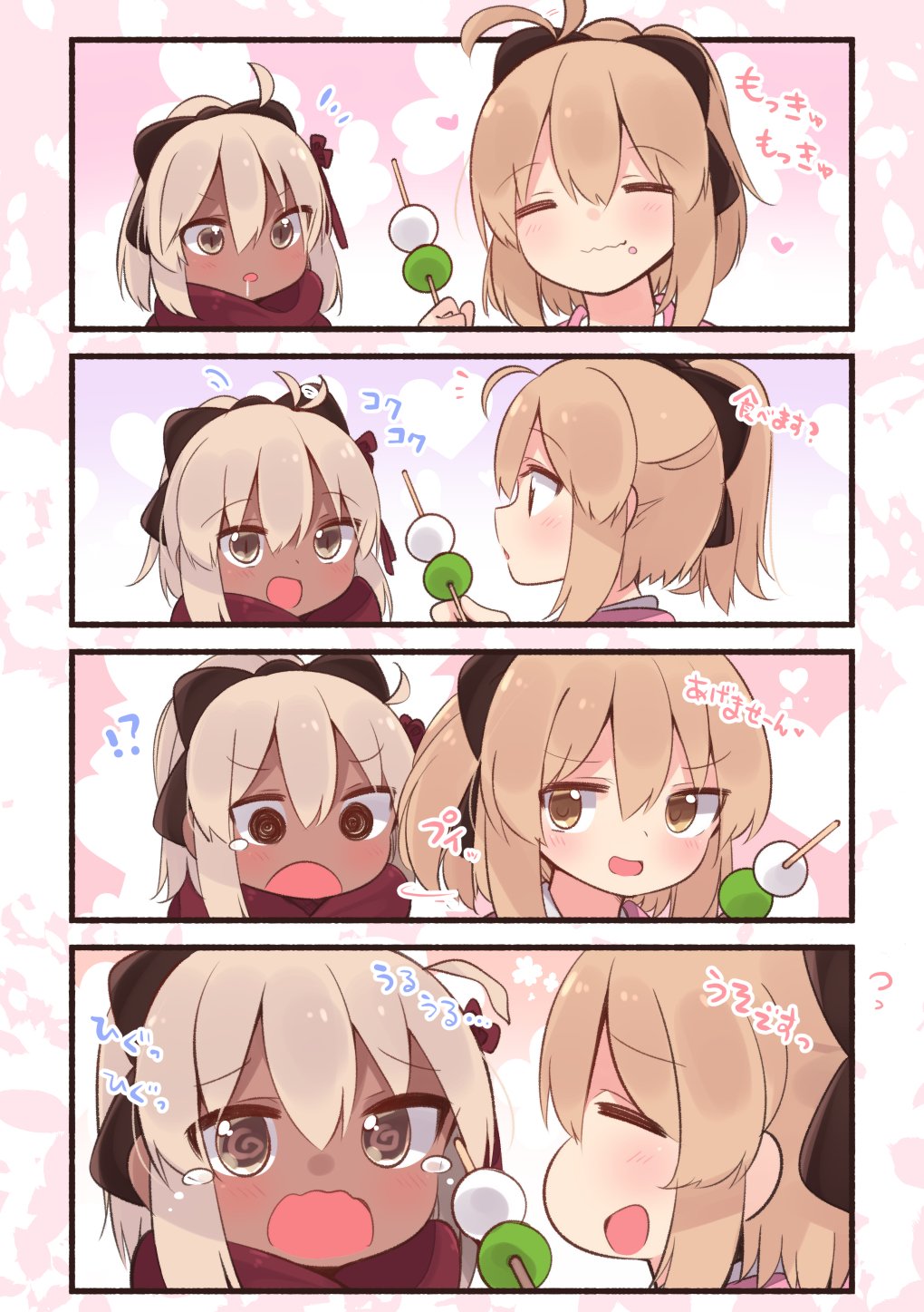2girls 4koma ahoge black_bow black_scarf bow comic commentary_request dango dark_skin eating fate/grand_order fate_(series) food hair_bow half_updo heart highres holding holding_food japanese_clothes multiple_girls okita_souji_(alter)_(fate) okita_souji_(fate) okita_souji_(fate)_(all) red_scarf scarf skewer suzuki_toto translation_request wagashi white_eyes white_hair