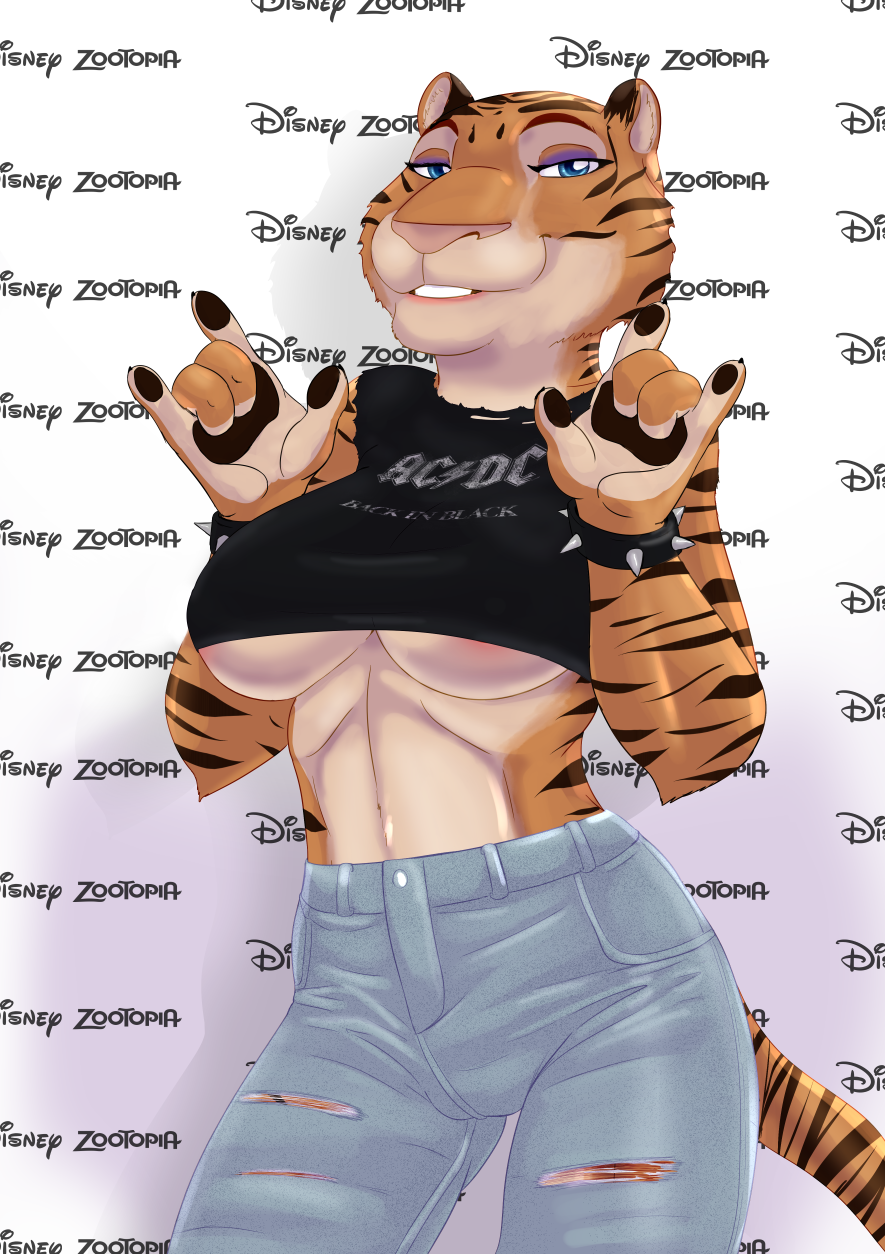 2019 akiric anthro areola big_breasts blue_eyes breasts cheek_tuft clothed clothing devil_horns disney elbow_tufts english_text eyeshadow felid female fur half-closed_eyes looking_at_viewer makeup mammal midriff officer_fangmeyer pantherine purple_eyeshadow smile solo spiked_wristband standing striped_fur stripes text tiger torn_clothing tuft under_boob wristband zootopia