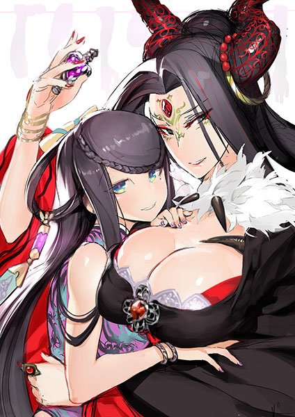 2girls bare_shoulders black_hair blue_eyes bracelet braid breasts cleavage facepaint forehead_jewel fur_trim hair_ornament horn_ring horns huge_breasts jewelry long_hair looking_at_viewer luan_niangzi mole mole_under_eye multicolored multicolored_eyes multiple_girls nail_polish nitroplus pointy_ears red_eyeshadow sinov_mimori smile thunderbolt_fantasy upper_body xing_hai