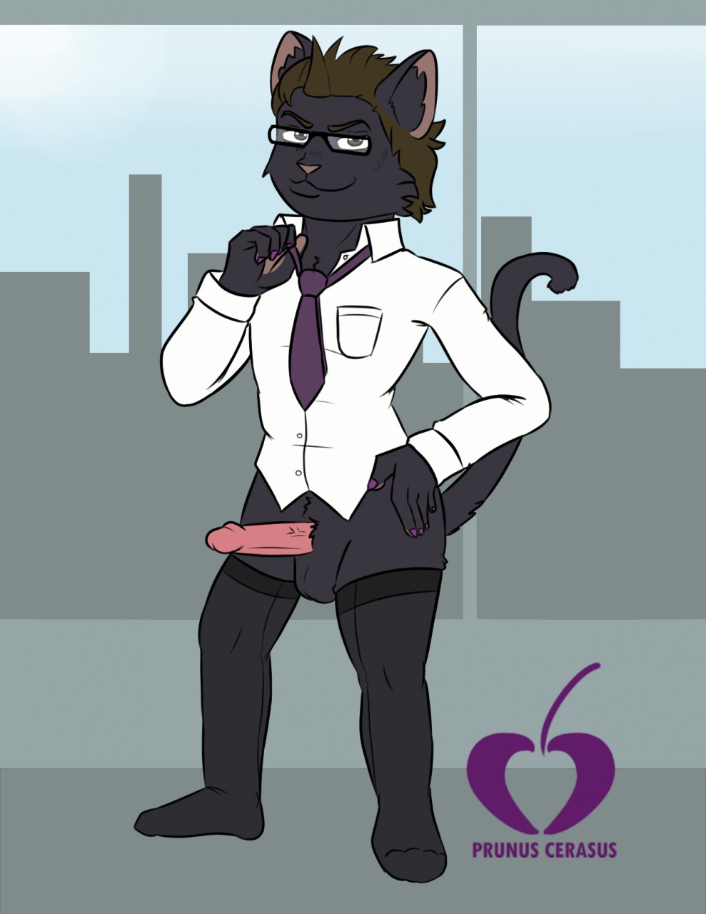 anthro clothed clothing digital_media_(artwork) domestic_cat dress_shirt erection eyewear felid feline felis floyd_(prunuscerasus) glasses hi_res legwear male mammal necktie office penis prunuscerasus_(artist) shirt simple_background solo thigh-highs watermark