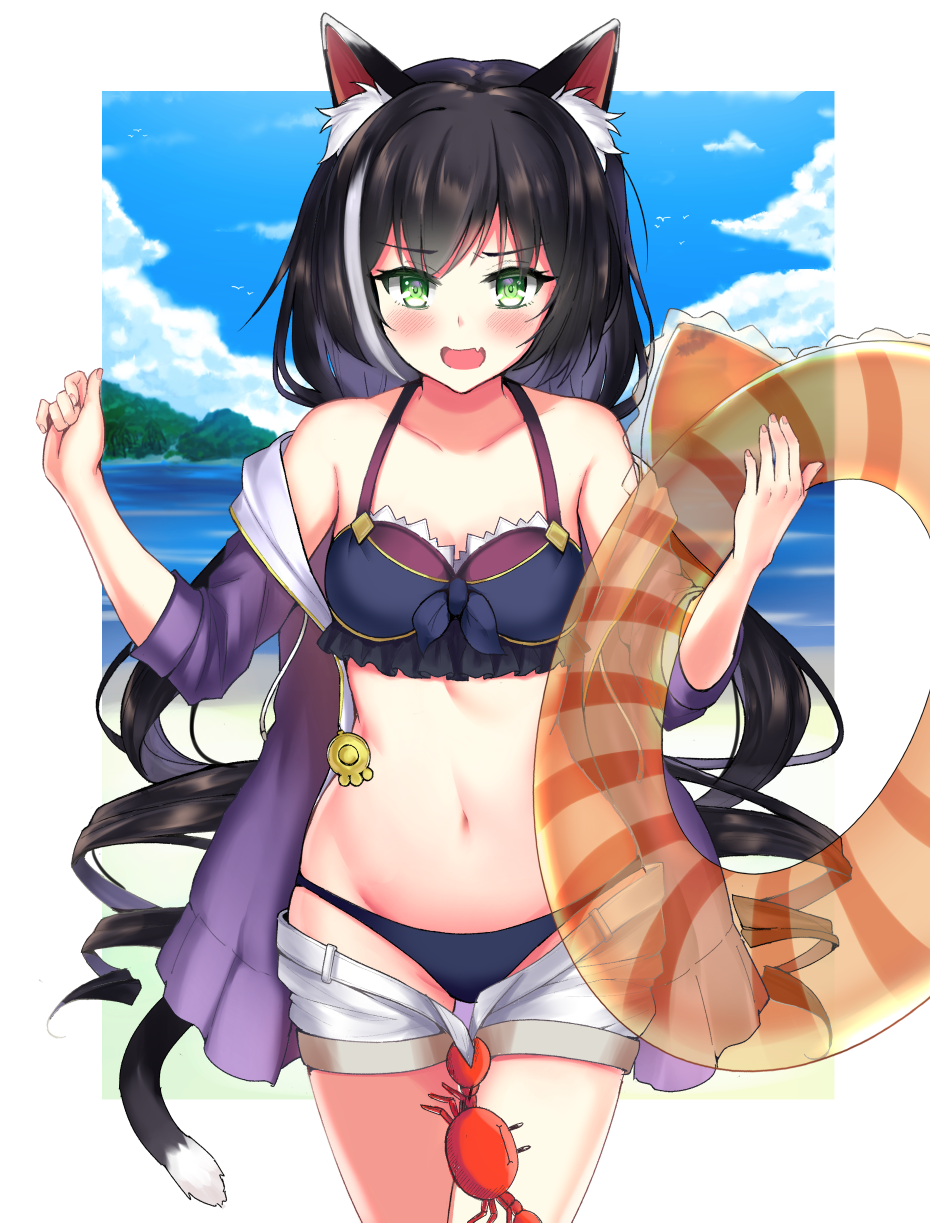 1girl animal_ear_fluff animal_ears arm_up bare_shoulders bikini black_hair blue_bikini blush breasts cat_ears cat_girl cat_tail collarbone cowboy_shot crab eyebrows_visible_through_hair fang green_eyes highres holding holding_innertube innertube jacket kavies kyaru_(princess_connect) looking_at_viewer low_twintails medium_breasts multicolored_hair navel open_mouth princess_connect! princess_connect!_re:dive purple_jacket short_shorts shorts shorts_pull skin_fang solo standing stomach streaked_hair swimsuit tail twintails white_hair white_shorts
