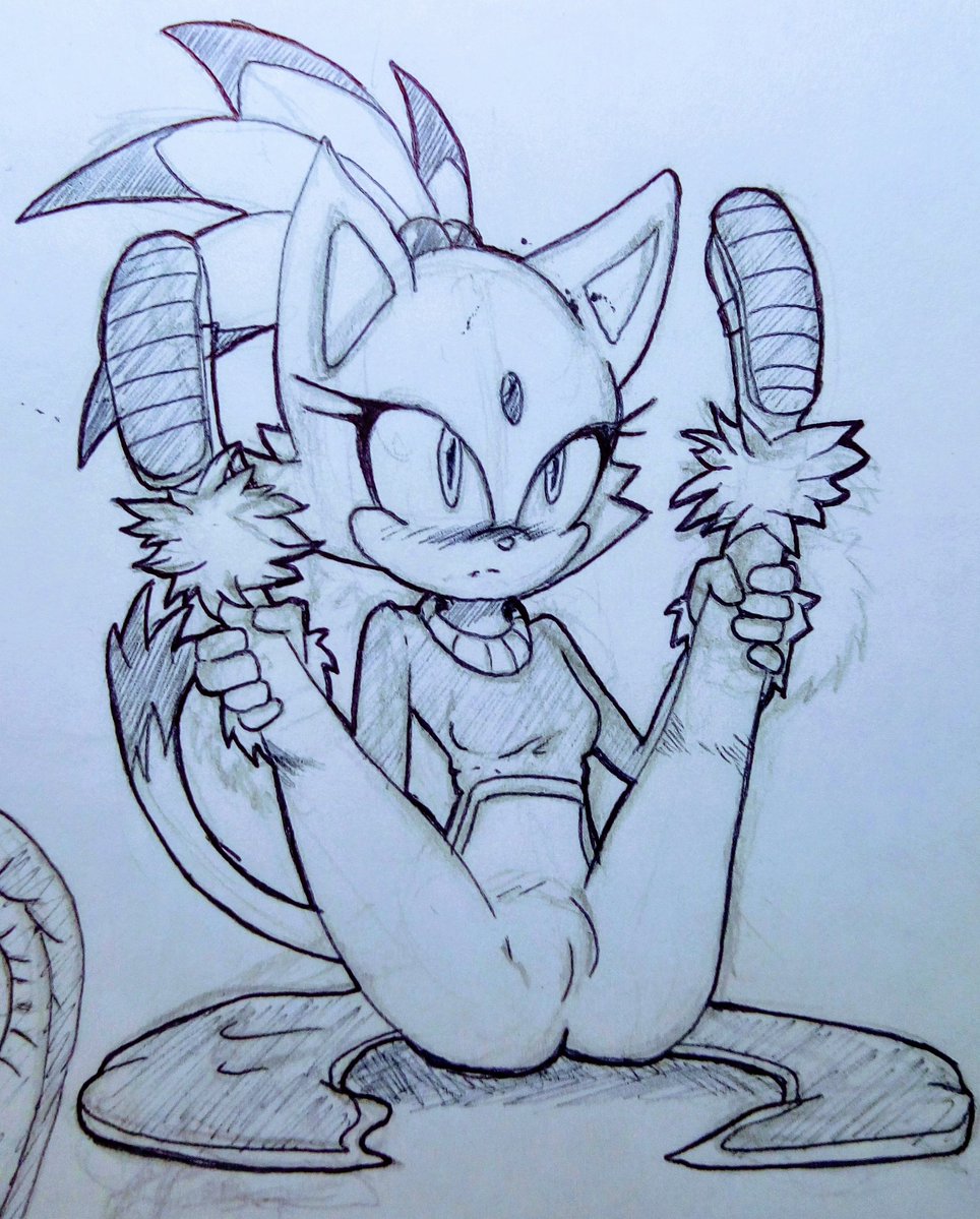 2019 anthro blaze_the_cat blush camel_toe clothing dipstick_tail domestic_cat eyeslashes felid feline felis female forehead_gem hair_tie leg_grab littledog mammal monochrome multicolored_tail showing sketch sonic_(series) spread_legs spreading