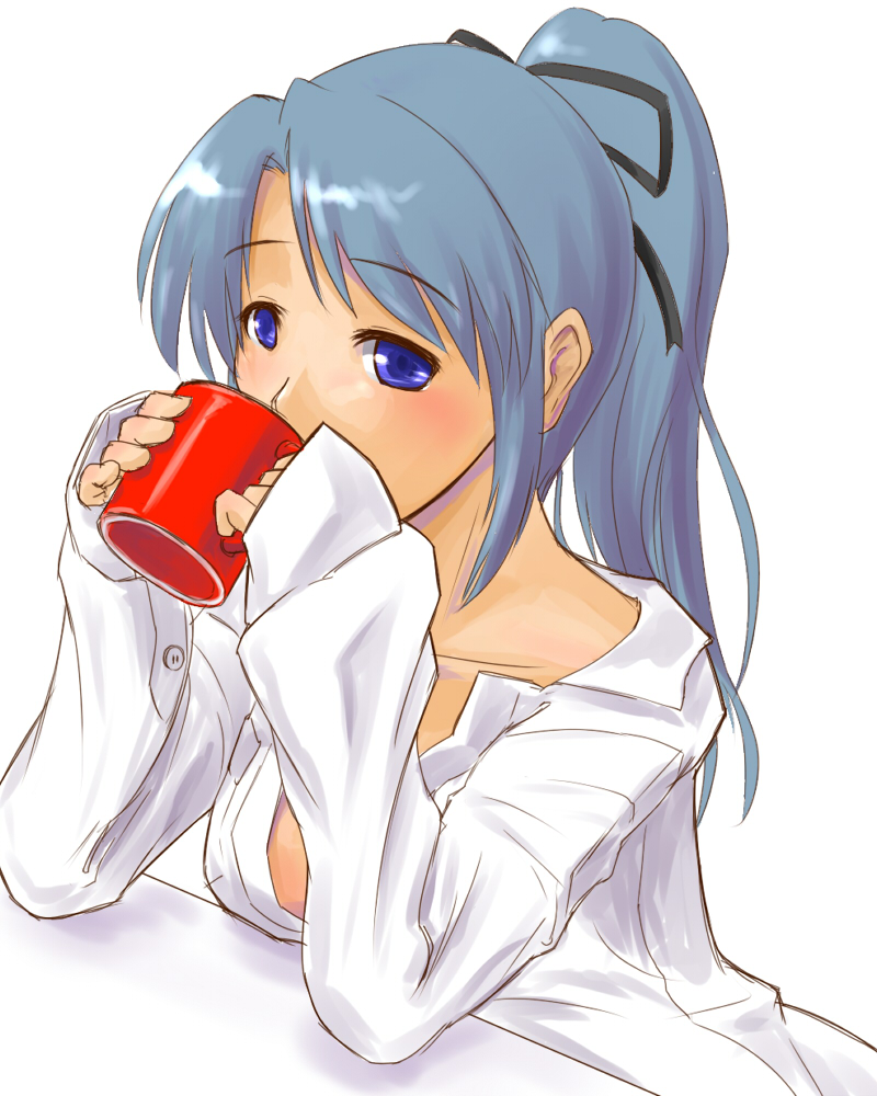 adder blue_eyes blue_hair bow coffee cup dress_shirt drinking hair_bow long_hair mug open_clothes open_shirt original oversized_clothes ponytail shirt solo