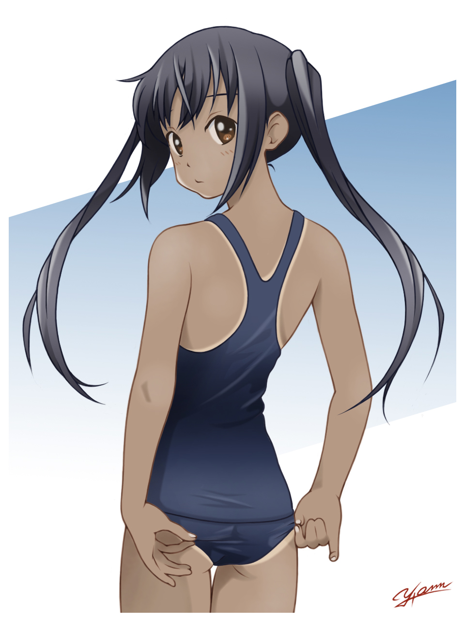 :/ adjusting_clothes adjusting_swimsuit ann_yosh ass black_hair brown_eyes cowboy_shot from_behind gradient gradient_background highres k-on! long_hair looking_at_viewer looking_back nakano_azusa one-piece_swimsuit one-piece_tan school_swimsuit sidelocks solo standing swimsuit tan tanline twintails