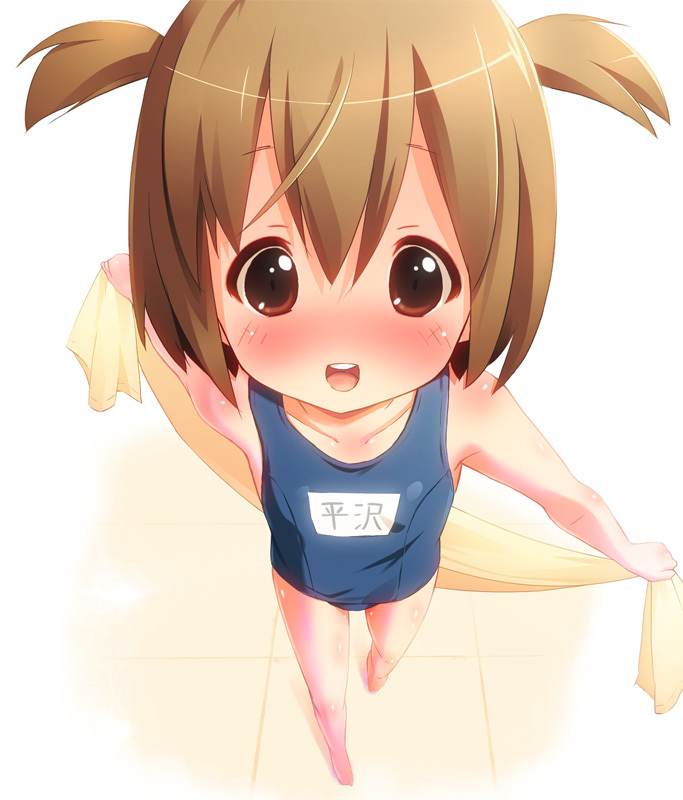:d ahoge blush brown_eyes brown_hair child drying drying_body from_above hirasawa_yui k-on! one-piece_swimsuit open_mouth pu-en round_teeth school_swimsuit short_hair short_twintails smile solo swimsuit teeth towel twintails younger