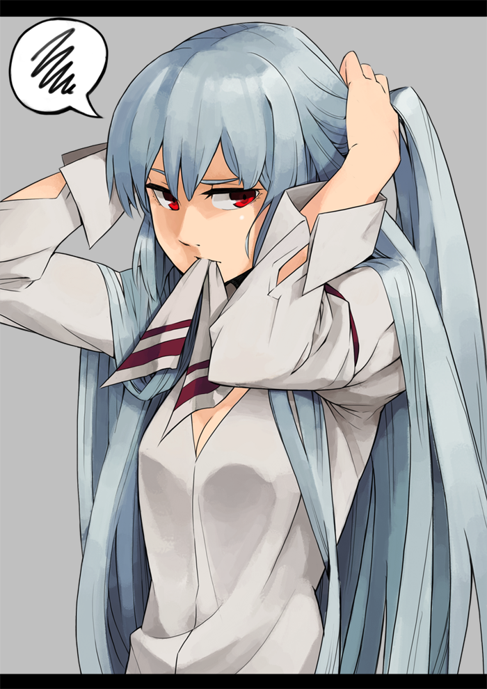 404_(artist) adjusting_hair annoyed breasts cleavage fujiwara_no_mokou hairdressing long_hair medium_breasts mouth_hold red_eyes silver_hair solo squiggle touhou very_long_hair