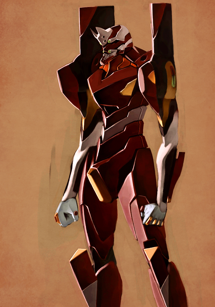 arms_at_sides clenched_hands cowboy_shot eva_02 kaiyodo_(qwer1973) mecha neon_genesis_evangelion no_humans orange_background shield simple_background solo standing