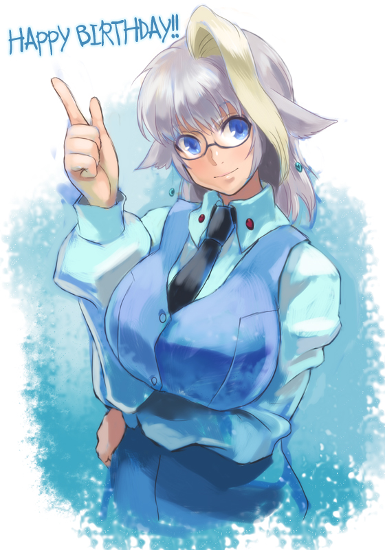 blonde_hair blue_eyes breasts copyright_request glasses happy_birthday iwaya large_breasts multicolored_hair necktie pixiv_mahou_gakuen silver_hair solo