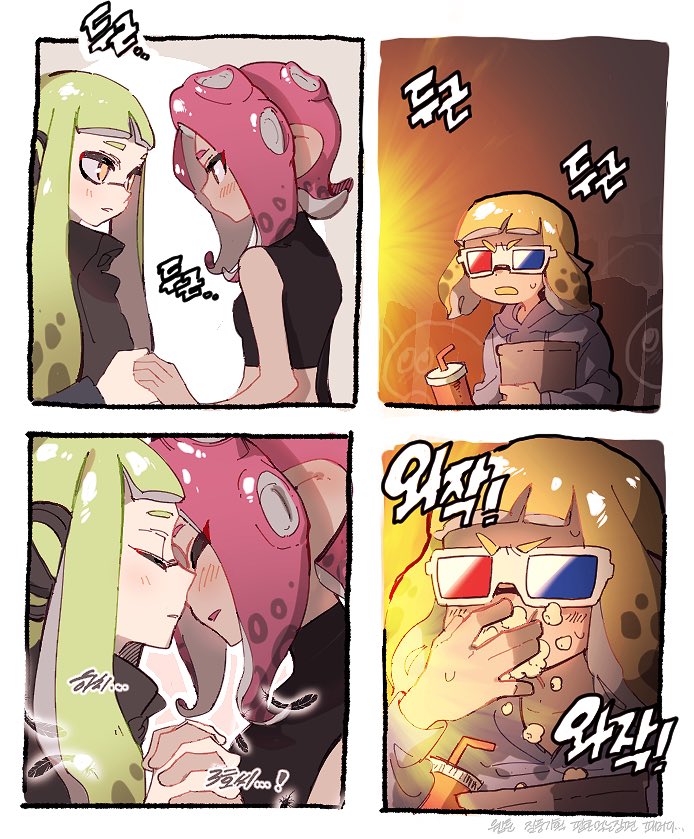 3d_glasses 3girls 4koma comic dark_skin drinking_straw eating excited eye_contact food green_hair hand_holding imminent_kiss inkling long_hair looking_at_another medium_hair multiple_girls octoling orange_hair parted_lips pink_hair pointy_ears popcorn short_hair splatoon splatoon_(series) splatoon_2 splatoon_2:_octo_expansion squidbeak_splatoon suction_cups tentacle_hair upper_body yknzv yuri