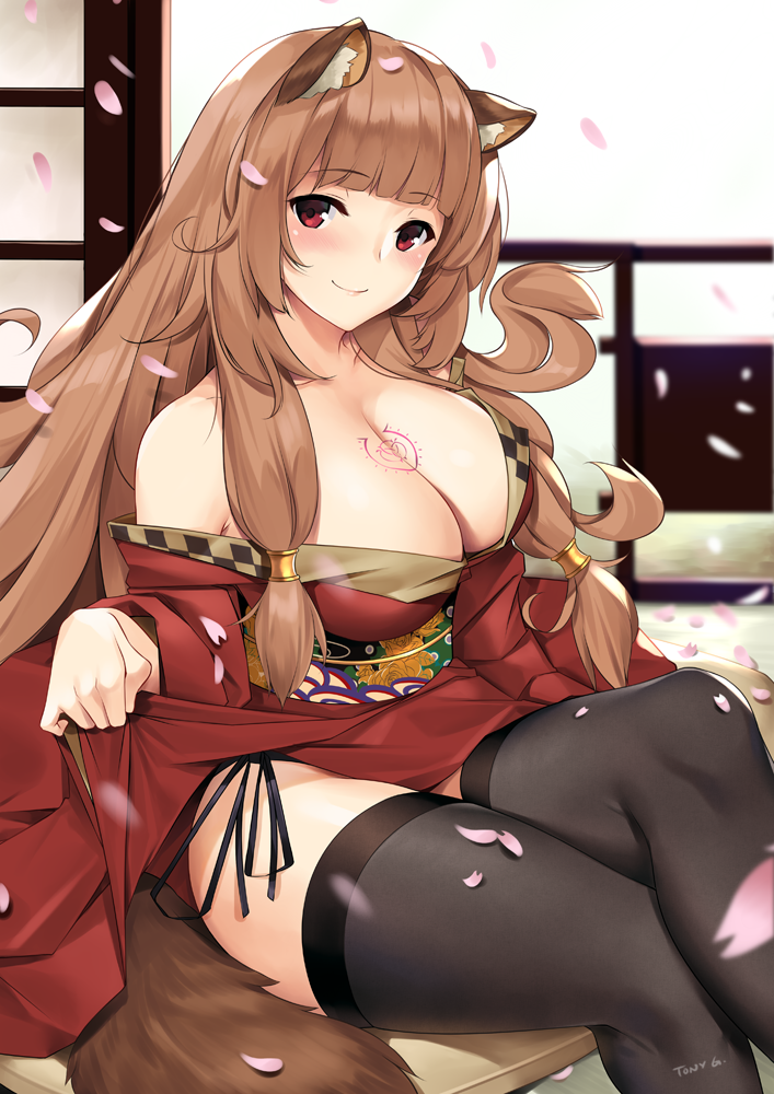 1girl animal_ears bangs bare_shoulders black_legwear blush breasts brown_hair cleavage closed_mouth collarbone commentary commission english_commentary eyebrows_visible_through_hair hair_between_eyes hair_ornament holding japanese_clothes kimono large_breasts legs_crossed lifted_by_self long_hair long_sleeves looking_at_viewer no_bra off_shoulder panties petals raccoon_ears raccoon_girl raccoon_tail raphtalia red_eyes sash side-tie_panties sidelocks sitting smile solo tail tate_no_yuusha_no_nariagari thighhighs thighs tony_guisado underwear very_long_hair