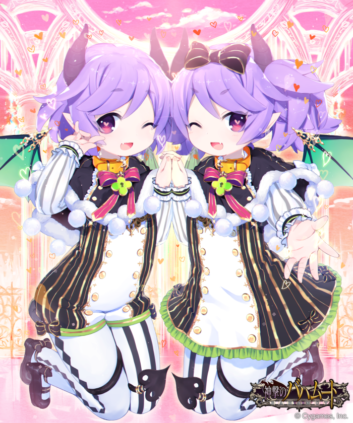 2boys ;d ankle_bow ankle_ribbon bangs between_legs black_bow black_capelet black_footwear black_tail bow capelet cloud cloudy_sky commentary_request company_name copyright_name cygames day demon_boy demon_horns demon_tail demon_wings dot_nose double-breasted flat_chest frilled_sleeves frills full_body fur-trimmed_capelet fur_trim gold_trim green_wings hand_holding heart heart-shaped_lock heart-shaped_pupils horns interlocked_fingers jumping lavender_hair legs legs_together light_blush logo looking_at_viewer male_focus matching_outfit multiple_boys official_art one_eye_closed open_mouth orange_collar pantyhose pastel_colors pink_eyes pink_sky pointy_ears raised_eyebrows reaching_out ribbon shingeki_no_bahamut short_hair sky smile striped symbol-shaped_pupils symmetry tail tail_between_legs tail_ring take_your_pick thick_eyebrows trap v-shaped_eyebrows vertical_stripes watermark waving white_legwear wings yuuhi_homare