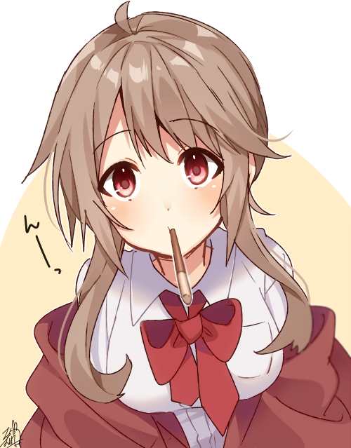 1girl ahoge bangs beige_background blush bow breasts brown_hair brown_jacket closed_mouth collared_shirt dress_shirt eyebrows_visible_through_hair food food_in_mouth hair_between_eyes jacket large_breasts long_hair mouth_hold off_shoulder omuretsu open_clothes open_jacket original pocky red_bow red_eyes shirt sidelocks signature solo two-tone_background upper_body white_background white_shirt