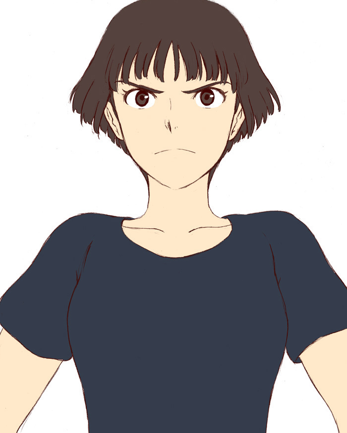 1girl bob_cut breasts brown_eyes brown_hair closed_mouth commentary_request gake_no_ue_no_ponyo graphite_(medium) jas lisa_(ponyo) looking_at_viewer open_mouth shirt short_hair simple_background solo studio_ghibli traditional_media white_background