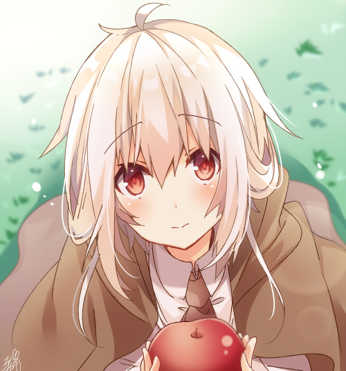 1girl apple bangs blurry blurry_background blush brown_cloak brown_neckwear cloak closed_mouth collared_shirt day depth_of_field eyebrows_visible_through_hair food fruit grass hair_between_eyes holding holding_food holding_fruit hood hood_down hooded_cloak light_brown_hair long_hair omuretsu original outdoors red_apple red_eyes shirt signature solo white_shirt