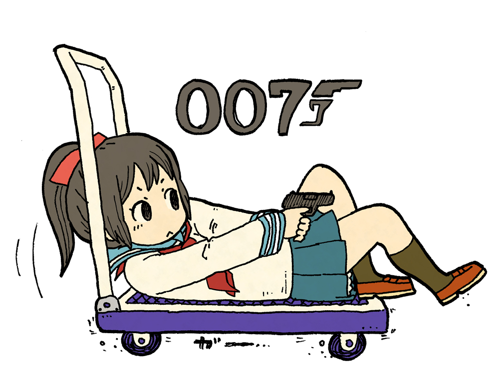 1girl :&lt; bow brown_eyes brown_hair gun hair_bow hand_truck handgun holding holding_gun holding_weapon james_bond_(series) lying on_back original parody ponytail school_uniform serafuku walther walther_ppk weapon white_background yukimoto_shuuji_(gurigura)