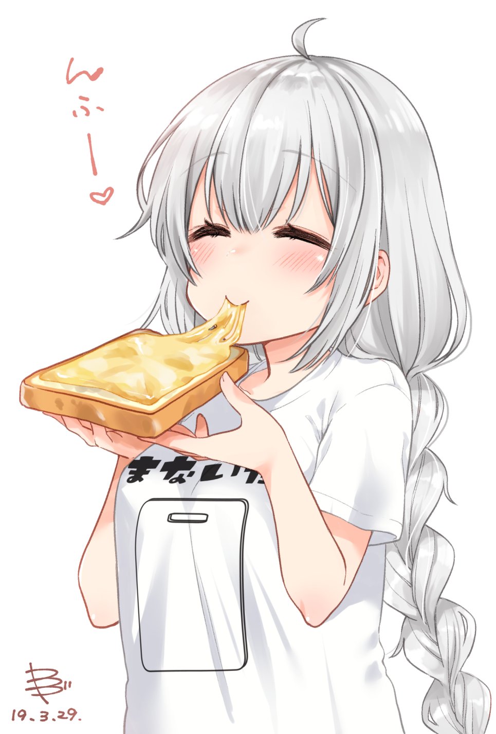 1girl ahoge blush braid cheese commentary_request dated eating eyebrows_visible_through_hair eyes_closed food highres kizuna_akari long_hair shirt short_sleeves silver_hair simple_background skskjogio2444 solo toast voiceroid white_background white_shirt