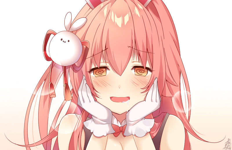 1girl :d @_@ animal_ears bangs bare_shoulders blush breasts brown_background brown_eyes bunny_ears bunny_hair_ornament cleavage drooling eyebrows_visible_through_hair gloves gradient gradient_background hair_between_eyes hair_ornament hair_ribbon hands_on_own_face long_hair medium_breasts omuretsu open_mouth original pink_hair red_ribbon ribbon saliva signature sleeveless smile solo upper_body white_background white_gloves yandere_trance