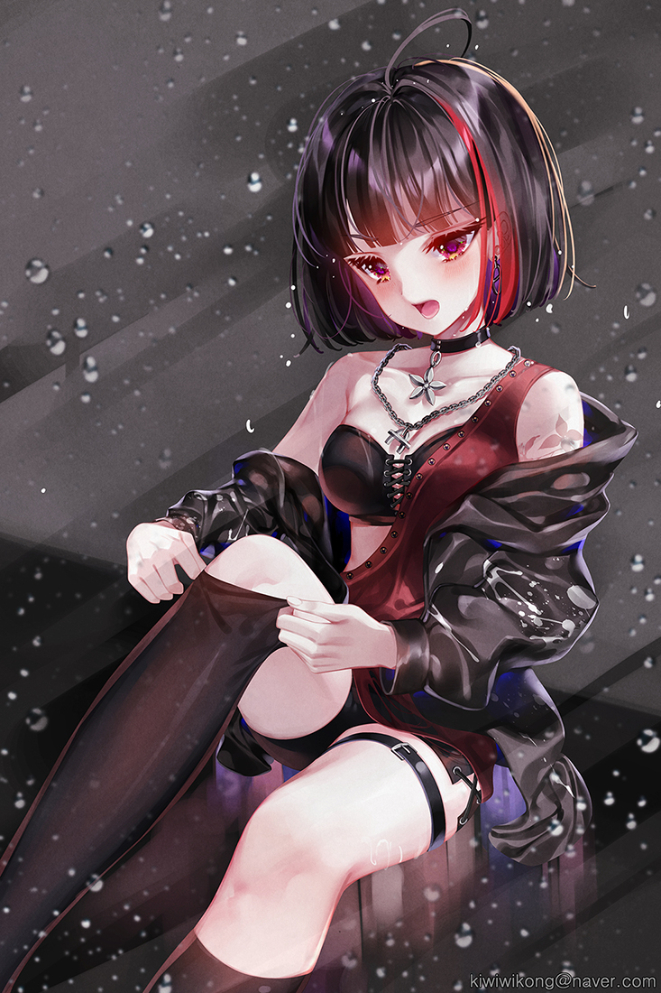 1girl :o ahoge bang_dream! bangs bare_shoulders black_choker black_hair black_jacket black_legwear black_shorts blurry blush breasts chains choker cleavage collarbone commentary_request crop_top dressing earrings jacket jewelry kiwikong knee_up kneehighs leg_belt looking_at_viewer medium_breasts mismatched_legwear mitake_ran multicolored_hair naver_username necklace off_shoulder open_clothes open_jacket open_mouth red_eyes red_hair short_hair short_shorts shorts single_kneehigh single_strap single_thighhigh sitting solo streaked_hair thighhighs thighs water_drop wet
