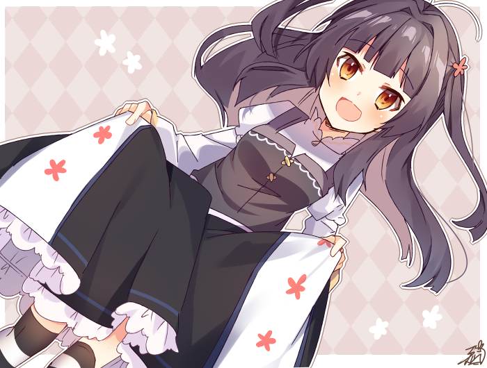 1girl :d argyle argyle_background bangs black_skirt blush breasts brown_background brown_eyes brown_hair dutch_angle eyebrows_visible_through_hair juliet_sleeves long_hair long_sleeves omuretsu open_mouth original over-kneehighs puffy_sleeves shirt skirt skirt_hold small_breasts smile solo striped striped_legwear thighhighs two-tone_background white_background white_shirt