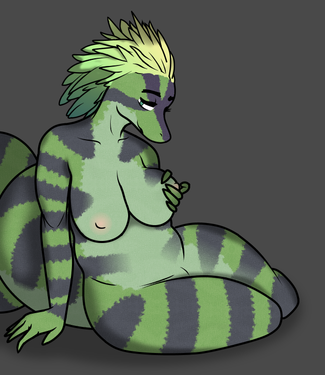 breasts chameleon feathers female green_scales holding_breast lizard loodfoks looking_at_viewer nude purple_scales reptile scales scalie smile smirk solo stripes zaria_corazon