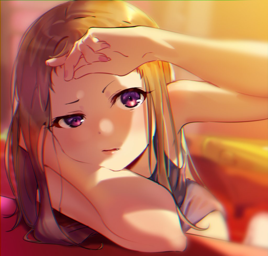 1girl arm_rest bare_arms blurry blurry_background brown_hair chin_rest close-up commentary dot_nose evening face fang fingernails holding holding_hair idolmaster idolmaster_cinderella_girls koseki_reina lips long_hair nail_polish nana_(nana_yume87) parted_lips pink_nails purple_eyes raised_eyebrow school_swimsuit short_bangs short_eyebrows solo straight_hair swimsuit