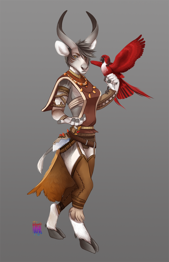 2019 5_fingers antelope anthro avian bird bovid breasts digital_media_(artwork) duo feathered_wings feathers female feral fur hooves horn mammal red_feathers simple_background vashaa white_fur wings
