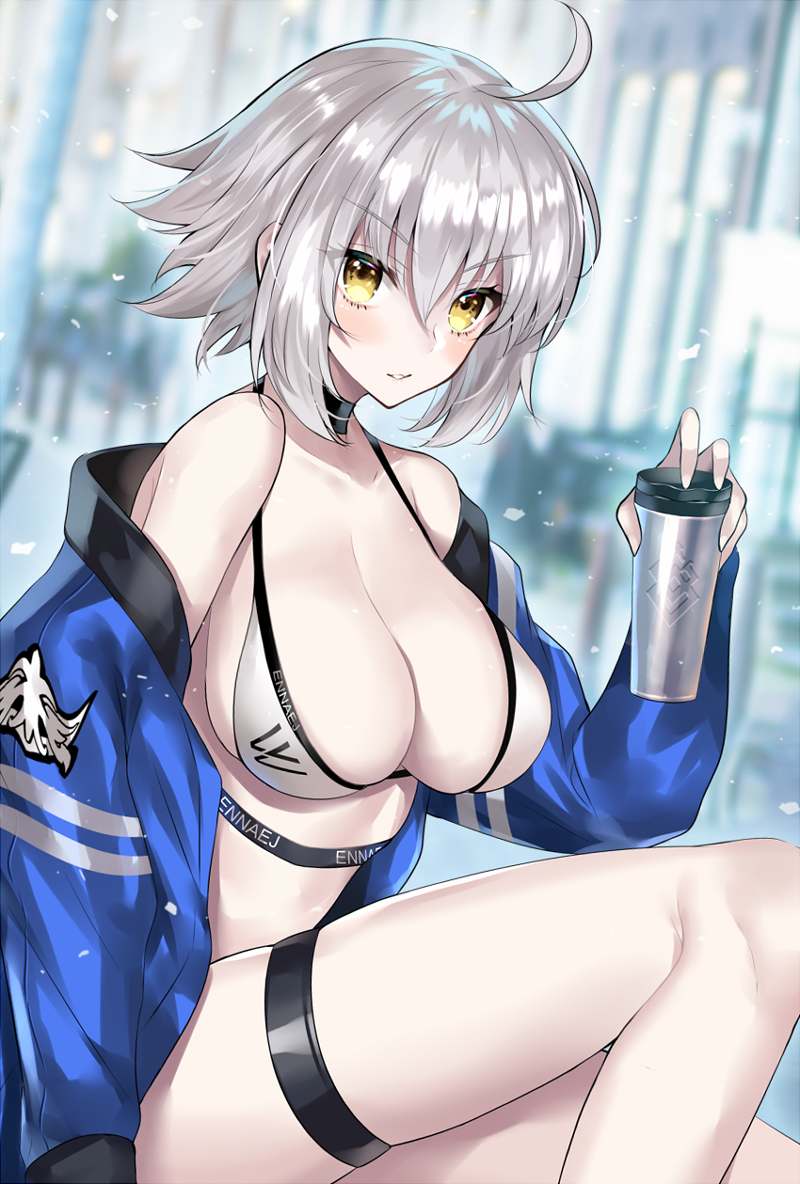 1girl ahoge bangs bare_legs bare_shoulders bikini black_choker blue_jacket blurry blurry_background blush breasts choker cleavage collarbone cup depth_of_field ero_waifu fate/grand_order fate_(series) hair_between_eyes hand_up holding holding_cup jacket jeanne_d'arc_(alter)_(fate) jeanne_d'arc_(fate)_(all) large_breasts long_sleeves looking_at_viewer off_shoulder open_clothes open_jacket parted_lips short_hair sidelocks silver_hair solo swimsuit thigh_strap thighs white_bikini yellow_eyes