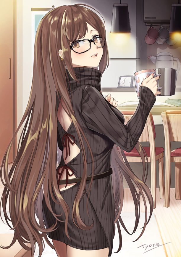 1girl backless_outfit bangs black-framed_eyewear black_sweater blush breasts brown_eyes brown_hair ceiling_light chair commentary_request consort_yu_(fate) copyright_request cowboy_shot cup dress ear_piercing fate/grand_order fate_(series) fingernails glasses holding holding_cup indoors long_hair long_sleeves looking_at_viewer looking_back medium_breasts mug parted_lips piercing red_ribbon ribbed_sweater ribbon signature sleeves_past_wrists solo sweater sweater_dress table tyone upper_teeth very_long_hair wooden_floor