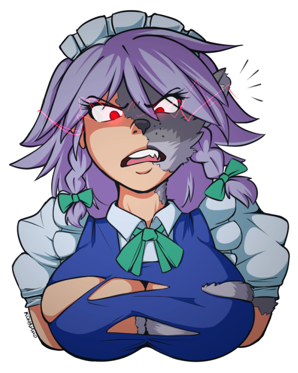 2018 alpha_channel angry animal_humanoid big_breasts breast_expansion breasts bust_portrait canid canid_humanoid canine canine_humanoid clothing female human_to_anthro humanoid kdhynamo mammal open_mouth portrait red_eyes ribbons sakuya_izayoi simple_background solo torn_clothing touhou transformation transparent_background video_games wolf_humanoid