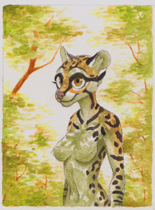 2019 anthro breasts celeste_(artist) featureless_breasts felid feline female leopardus mammal nude ocelot outside smile solo traditional_media_(artwork)