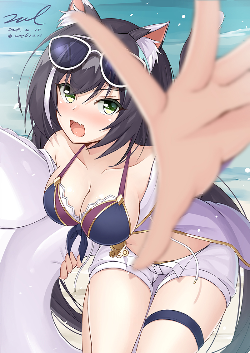 1girl :o animal_ear_fluff animal_ears bare_shoulders beach bikini_top black_hair blue_bikini_top blurry blurry_foreground blush breasts cleavage collarbone dated depth_of_field eyewear_on_head fang foreshortening front-tie_bikini front-tie_top green_eyes halter_top halterneck holding innertube kyaru_(princess_connect) large_breasts long_hair looking_at_viewer multicolored_hair nose_blush open_fly open_mouth outstretched_arm princess_connect! princess_connect!_re:dive reaching_out short_shorts shorts signature solo stomach streaked_hair sunglasses tail thigh_strap thighs twitter_username unel v-shaped_eyebrows very_long_hair water white_hair white_shorts