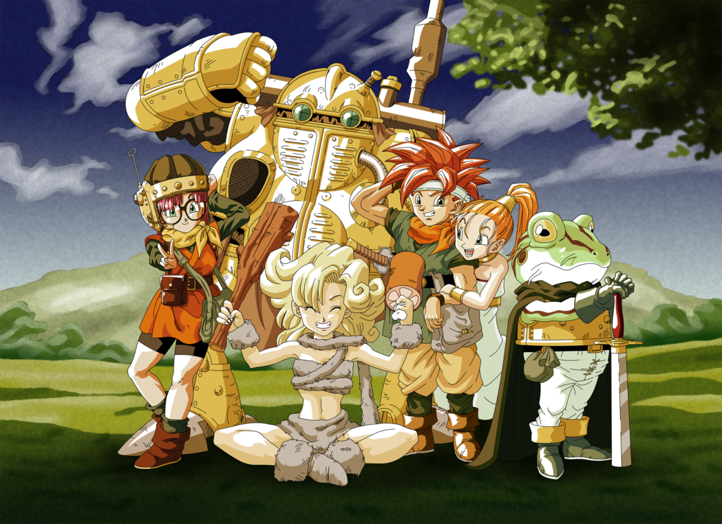 3boys 3girls amphibian antenna armor ayla ayla_(chrono_trigger) bandana belt belt_buckle big_arms blonde_hair boots cap cavewoman chrono chrono_trigger cloud cloudy_sky club_(weapon) crono eyes_closed female frog_(chrono_trigger) fur_clothing fur_trim glasses gloves grass grassland green_eyes hand_behind_head hand_on_headwear handbag hill holding_arm kaeru_(chrono_trigger) legs legs_crossed long_hair lucca_ashtear machine male marle meat official_art orange_hair outdoors pants peace_sign_(disambiguation) photo ponytail portrait pose posing pouch purple_hair robo robot scarf sitting smile spiky_hair square_enix standing_behind sword toriyama_akira tree v-sign weapon