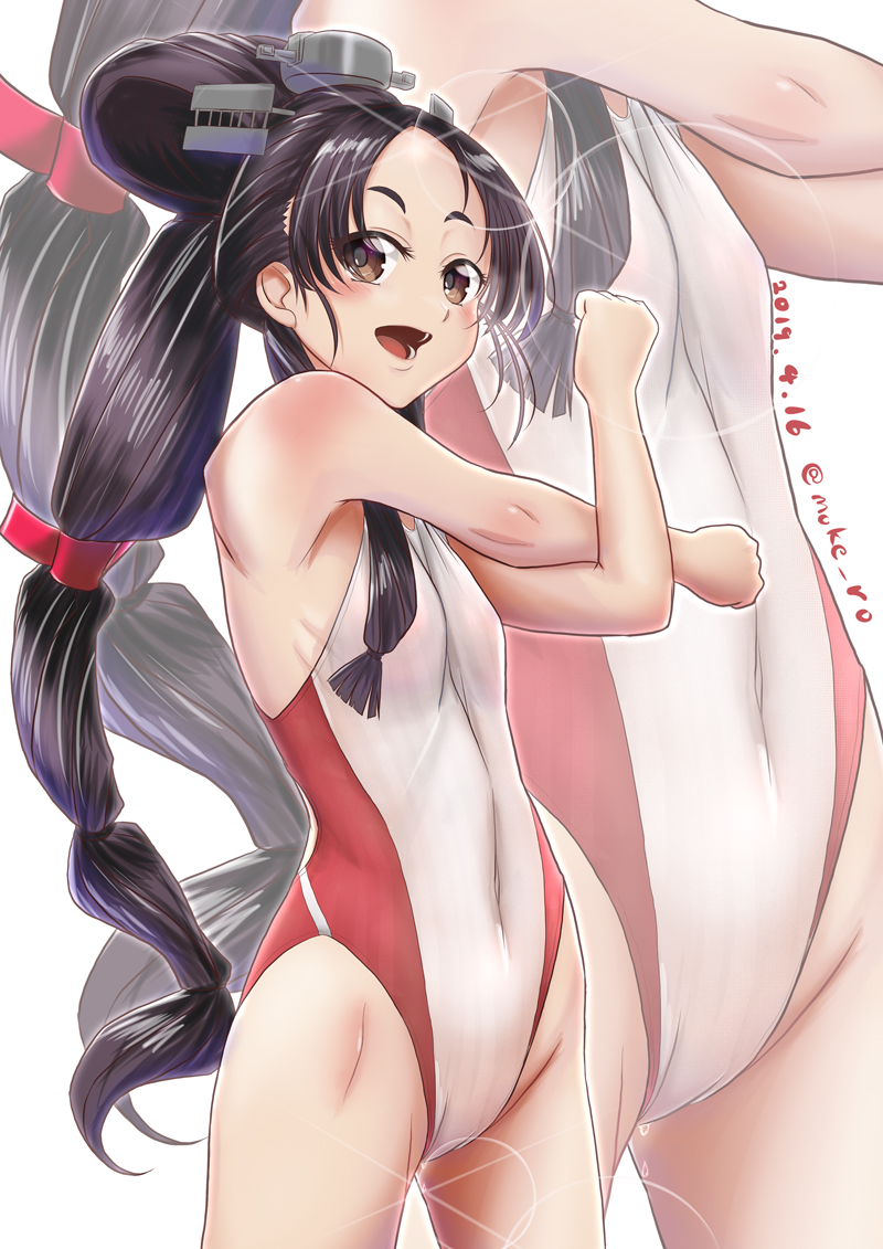 1girl alternate_costume black_hair brown_eyes commentary_request competition_swimsuit covered_navel cowboy_shot dated hair_tie high_ponytail kantai_collection long_hair looking_at_viewer mokerou multi-tied_hair nisshin_(kantai_collection) one-piece_swimsuit open_mouth red_ribbon ribbon short_eyebrows simple_background solo standing stretch swimsuit thick_eyebrows twitter_username very_long_hair wet wet_clothes wet_swimsuit white_background white_swimsuit zoom_layer