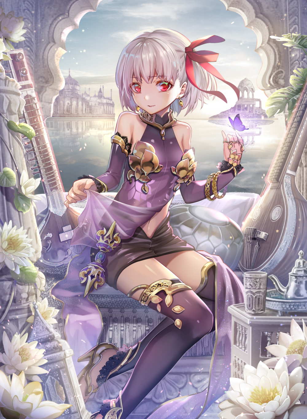 1girl armlet bangs bare_shoulders bracelet bug building butterfly cloud cup detached_sleeves earrings fate/grand_order fate_(series) flower hair_ribbon high_heels highres horizon insect jewelry kama_(fate/grand_order) looking_at_viewer navel red_eyes ribbon shirt_lift short_hair silver_hair sitting skirt sky solo teapot thighhighs torino_akua water