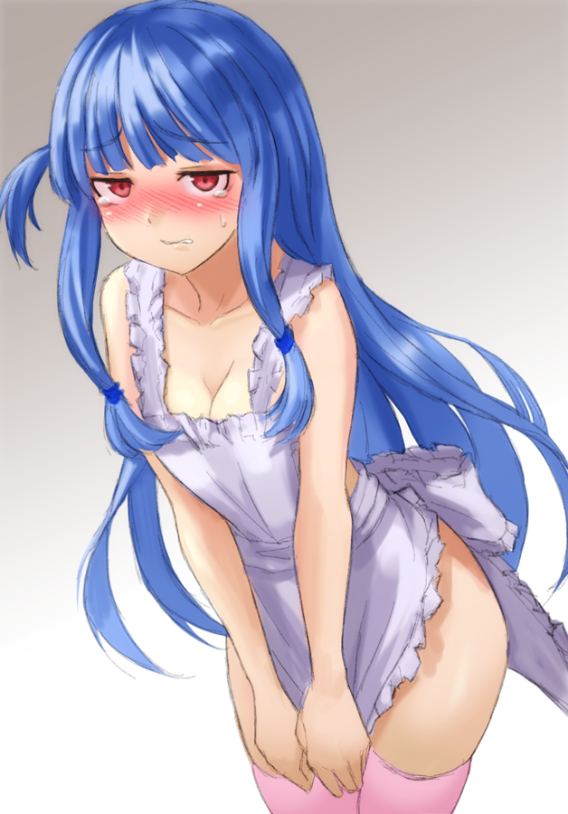 1girl apron bangs blue_hair blush breasts cleavage collarbone cowboy_shot eyebrows_visible_through_hair furrowed_eyebrows gradient gradient_background kotonoha_aoi kurione_(zassou) legs_together long_hair looking_at_viewer maid_apron medium_breasts naked_apron nose_blush one_side_up pink_legwear red_eyes solo straight_hair tears thighhighs v_arms voiceroid white_apron